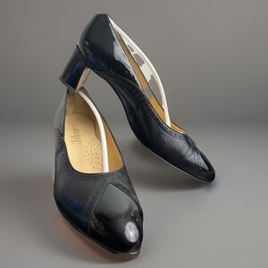 Johansen Women's Heels Sz 8 Black Leather Patent Cap Toe Pumps Dress Shoes Vtg